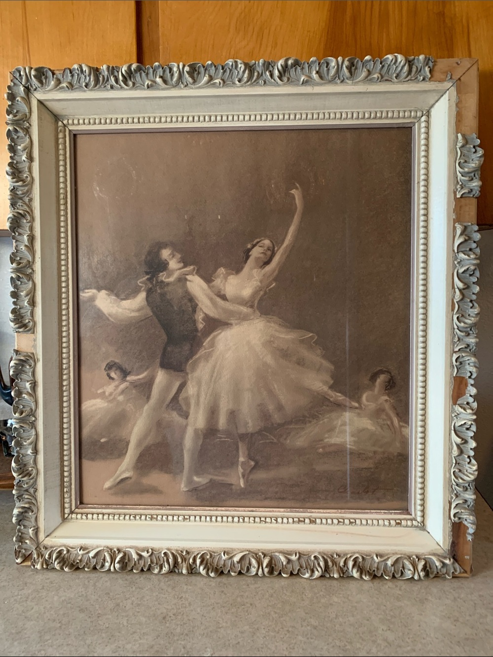 Vintage ballet print by Raymond Charlot with carved Art Deco style wooden frame